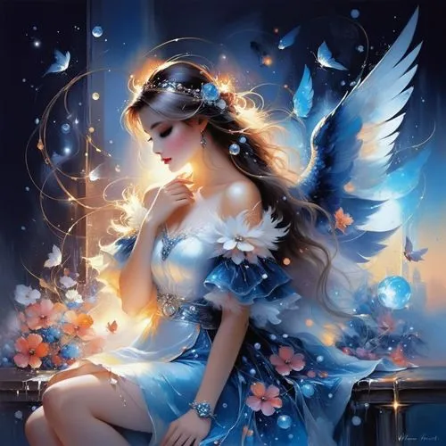 a pretty lady sitting on the ledge with a flower in her hand,faerie,faery,fairy,fairy queen,angel girl,little girl fairy,fantasy picture,flower fairy,angel wings,blue butterfly background,vintage ange