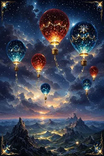 a painting of many different colored balloons floating,star balloons,kites balloons,lanterns,fantasy picture,colorful balloons,balloon trip,fantasy art,balloons flying,ballooning,fairy lanterns,fantas