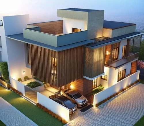 modern elevation,a house with two cars parked on top of it,modern house,residential house,two story house,render,modern architecture,luxury home,exterior decoration,beautiful home,smart house,core ren