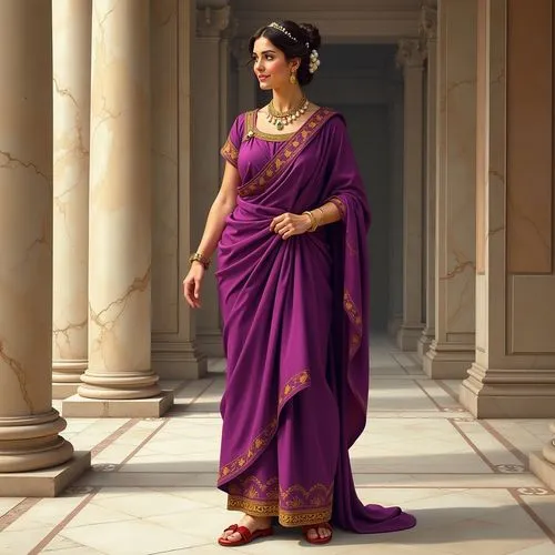 A high-quality, detailed illustration of a Roman senator's wife from the 1st century AD. She is wearing a long, elegant stola made of fine fabric, dyed in a rich purple with golden embroidered trims, 