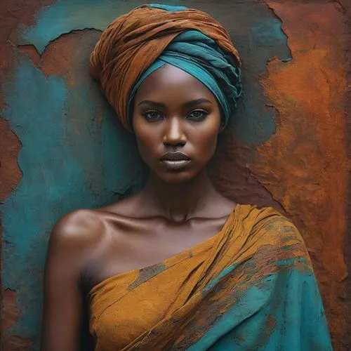 A beautiful, stunning mixed media figure realistic photo using different texture, collage, fabric, powertex, acrylic paint. oil pastels, modeling paste, rust paint, captivating, figure painting, South