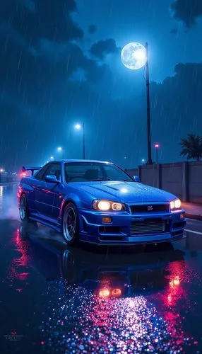 Skyline R34 azul tuning estilo GTA  na chuva indo em direção a lua em uma escuridão ,a car is parked in the rain at night,blue rain,nsx,supra,crx,3d car wallpaper,car wallpapers