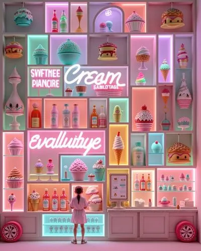 the front of a bakery with frosted cakes, cupcakes and drinks,ice cream icons,ice cream shop,retro diner,soda shop,ice cream parlor,soda fountain,ice cream stand,creamery,bakery,neon drinks,grocery,ic