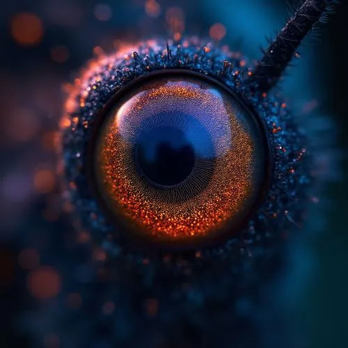 close-up of a beautiful butterfly eye\( beautiful, cosmic-colored, shining, big eye, big delicate compound eyes,glowing, reflection of beautiful colorful lights\). very carefully described. very high 