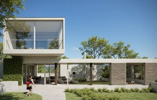 A modern, minimalist house with a concrete exterior and large glass windows. the house is situated on a grassy area with a clear blue sky and trees in the background. on the left side of the image, a 