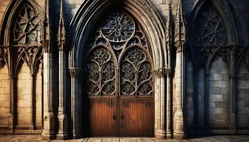 Gothic cathedral, grand, intricate, ornate, ribbed vaults, pointed arches, flying buttresses, stained glass windows, rose window, gargoyles, grotesques, spires, towers, pinnacles, lancet windows, tref