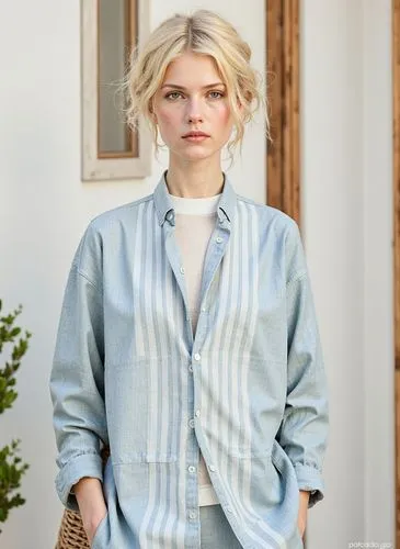 a woman standing in front of a door holding a purse,denim background,shirting,denim fabric,buttoned,flannel,light plaid,menswear for women,blue checkered,denim,cowboy plaid,denim jacket,in a shirt,jea