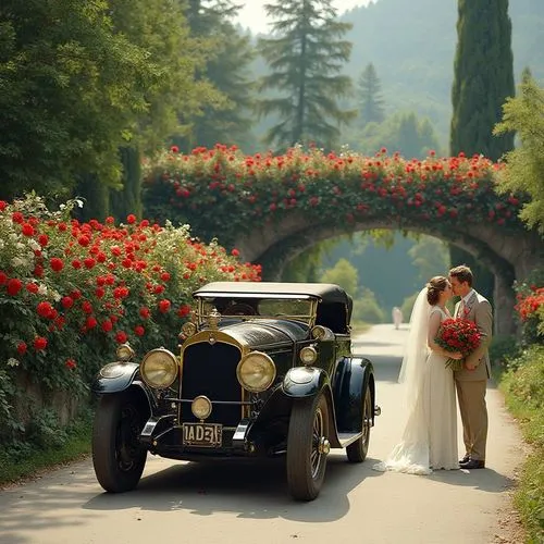 Botanical Streetscapes with a 1920 black vitage Daimerl Benz limousine, geschmückt mit roten, weißen und rosa Rosen.
Visualize complete grown lush greenery and stunning floral arrangements on top of a