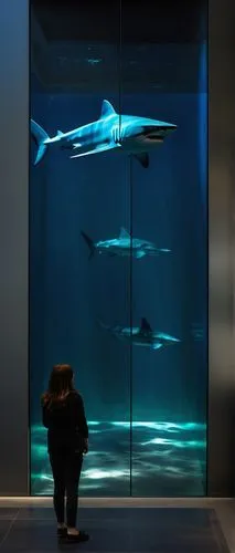 Shark, aquarium tank, modern art museum, steel frame, glass wall, dark blue water, bright LED lights, shark swimming upwards, sharp teeth, grey skin, abstract background, contemporary sculpture, stain