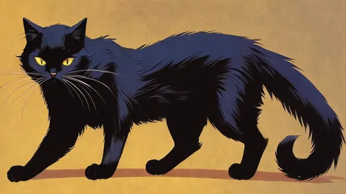 black cat，Miyazaki Hayao style，handdraw，Japanese comics，anime style ,black cat,capricorn kitz,yellow eyes,cat vector,hollyleaf cherry,feral cat,felidae,gray cat,halloween black cat,cat on a blue backg