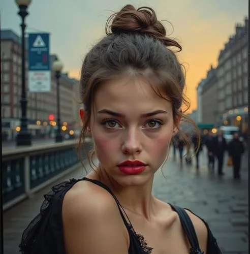 an oil paint portrait of a beautiful Caucasian young woman, 22 years old with brown hair, brown eyes, and red lips, she has her hair tied up with a bun, she is wearing a black dress with a neckline. S