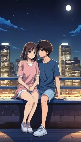 a anime young loving couple,lonely feeling,hope,vector,cartoon style,night,romantic scene,hiyayakko,romantic night,clear night,boy and girl,girl and boy outdoor,anime cartoon,night scene,young couple,