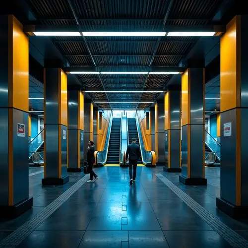 \Underground metro station, modern urban architecture, sleek stainless steel columns, vibrant LED lighting, bold color scheme, bright yellow accents, deep blue hues, neutral gray tones, industrial con