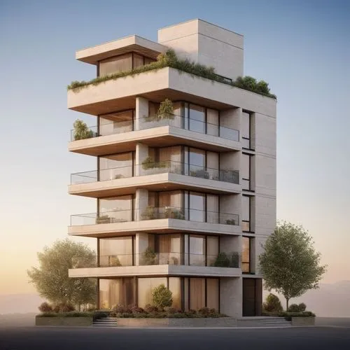 Create a premium luxury apartment building in a Modern Roman Minimalist architectural style. The design should combine the timeless elegance of Roman architecture with the simplicity of modern minimal