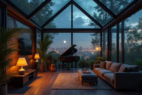 a super modern house with a glass roof and glass walls, with moonlight peaking through at night, wooden floors and plants, mood lamps in the corners of the room, a grand piano sits in the center, ther