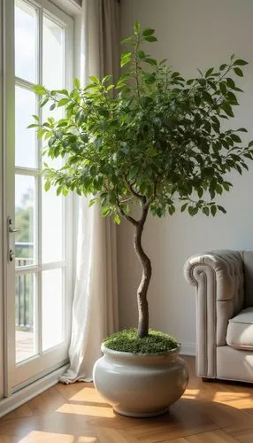 decorative tree in pot, living room,home staging,a potted plant sitting on top of a wooden floor,bonsai tree,intensely green hornbeam wallpaper,maple bonsai,ficus,bonsai,potted tree,growing mandarin t