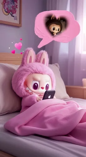 the girl in pink is looking at her phone,soft robot,cute cartoon character,bed,cute bear,pillowcase,pajama