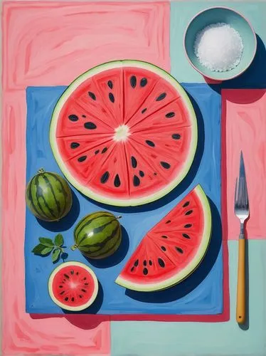 Flatlay Food In The Table, watermellon on greek table, simple yet minimal kawaii drawing, hard-edged salt gouache, freestyle gestural art, warm pink and blue tones, romantic warm feeling artwork, bold