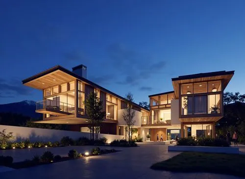 A photo-realistic shoot from the side about a modern, minimalist house at night with a mountain view in the background. the image also shows the exterior of the house, which is a two-story building wi