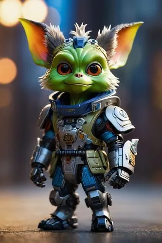 Leica portrait of a gremlin monster wearing a coat, coded patterns, sparse and simple, uhd image, urbancore, sovietwave, period snapshot,a toy action figure on a table near blurry lights,goblin,ogre,g