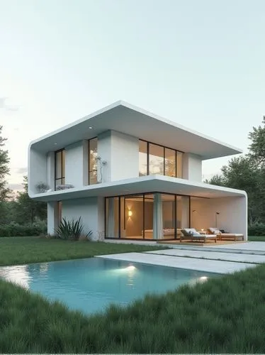 minimalist architecture, futuristic villa with a pool in front of it, grassy ground around the house, architectural rendering, octane render, high resolution, hyper realistic, cinematic.,this house ha