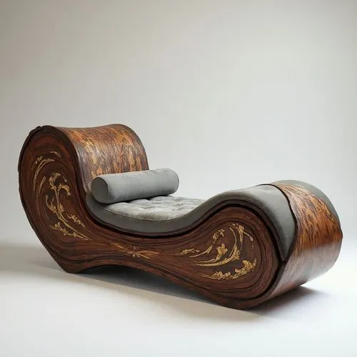 Chaise longue inspired by an ocean wave, with flowing wood carving in dark cherry, brass inlay following the foam lines, and a velvet cushion that blends into the curvature.,an unusual lounge chair ma