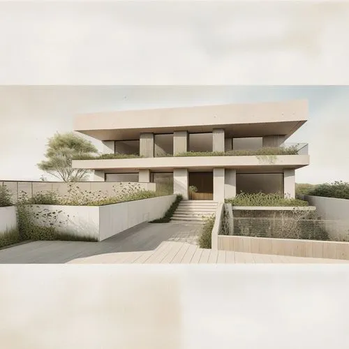 two pos of the outside of an architectural building,dunes house,3d rendering,lasdun,render,neutra,seidler,renders,tugendhat,cantilevers,renderings,corbu,siza,chipperfield,sketchup,breuer,revit,cantile