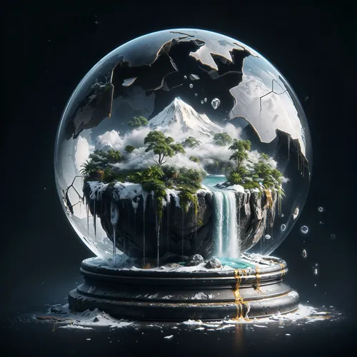a large glass ball covered in water with trees and waterfalls,snow globe,snow globes,crystal ball-photography,crystal ball,globe,glass sphere,earth in focus,frozen bubble,ice bubble,world digital pain