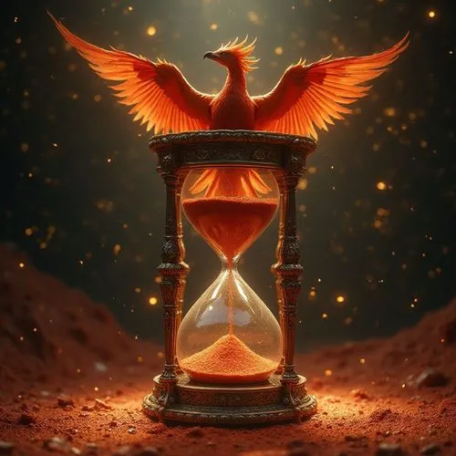 A majestic phoenix sits atop a massive, ornate hourglass filled with shimmering crimson sand. Its feathers change from deep red (#8B0000) to molten gold (#FFD700). The hourglass frame is crafted from 