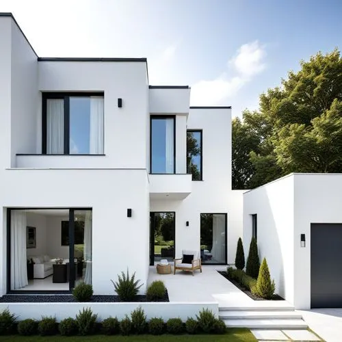 a modern white house with modern landscaping and doors,modern house,modern architecture,modern style,cubic house,dreamhouse,dunes house,beautiful home,frame house,contemporary,house shape,luxury prope