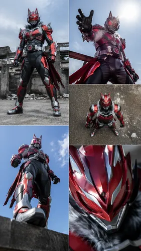Kamen Rider with a red wolf theme and styling,   ,some different images of a robot man from the movie,transforms,red super hero,armored,armored animal,razorback,dragoon,repaints,onslaught,exults,fight