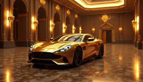 Design an image of a golden luxury sports car in a luxurious hall with ornate details.,a gold sports car in front of a doorway,gold paint stroke,black and gold,gold lacquer,gold wall,gold color,gold c