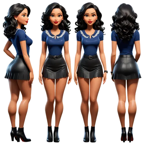 Create only high resolution images, pixar 3d, 4k, character sheet style, like a paper doll, A pose style. She should be wearing a black tube skirt in sensual, transparent lace and a tight navy blue t-