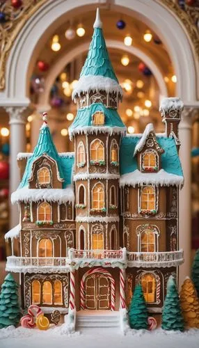 Museum of Architecture, Gingerbread City, majestic building, grand entrance, intricately designed facade, white marble columns, golden gates, sparkling chandeliers, ornate ceilings, festive holiday at