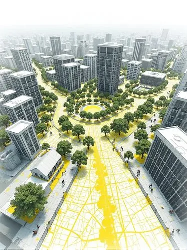 Design a 2D conceptual urban diagram using black, white, and yellow to illustrate the relationship between urban expansion and the respect for "conditions of nature." Central Concept: The diagram shou