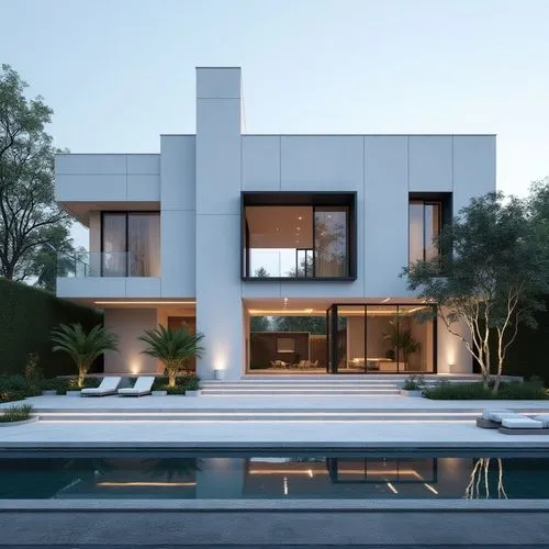 A hyper-realistic, high-resolution architectural photograph capturing a grand, ultra-modern luxury mansion at twilight. The building’s façade is composed of smooth white stone panels contrasted with s