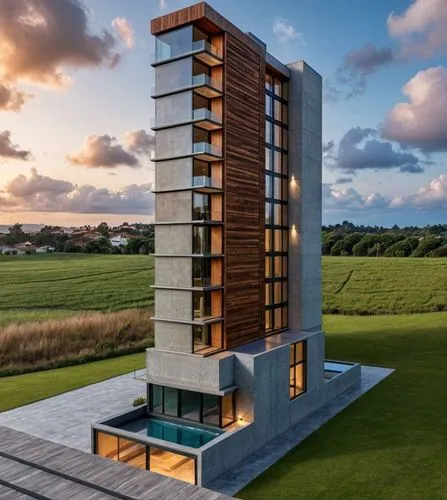 Arquitetura sofisticada com cores claras e destaque ,a modern building stands on a large grass field,residential tower,sky apartment,penthouses,renaissance tower,the energy tower,modern architecture,b