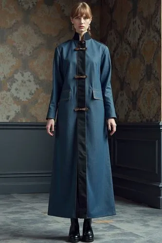 The denim  coat features a high mandarin collar and long sleeves.. A striking vertical black panel runs down the center front from collar to hem, adding bold contrast and elongating the figure. Decora