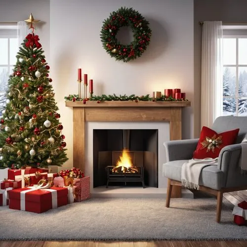 cear una imagen realista calidad hd , con un salon con adornos de navidad,un pino con regalos abajo y una chimenea encendida ,a living room with a christmas tree and a fire place,christmas fireplace,c