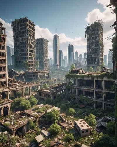Game Scene Design, wild Angle View,destroyed city,scampia,post apocalyptic,post-apocalyptic landscape,postapocalyptic,gunkanjima,ecotopia,kowloon city,dystopias,brownfields,dystopian,wasteland,overdev