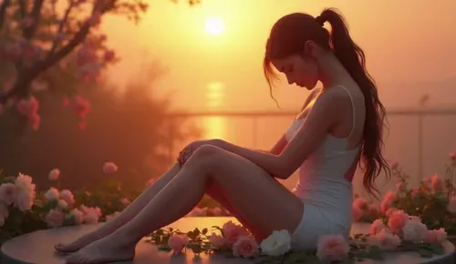 flower in sunset,girl in flowers,girl sitting,serene,girl in the garden,croft,beautiful girl with flowers,girl picking flowers,summer evening,girl in white dress,relaxed young girl,flower background,l