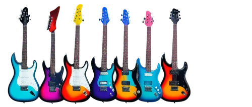 Electric guitars, multiple, colorful, different shapes, abstract background, blurry, bokeh effect, vibrant colors, neon lights, dynamic composition, low angle shot, dramatic lighting, HDR, panoramic v