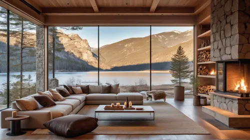 Lake House Home Design Plans, It's a winter landscape with fireplace, fireplace, awnings, and couch furniture,the cabin in the mountains,alpine style,fire place,chalet,house in mountains,house in the 