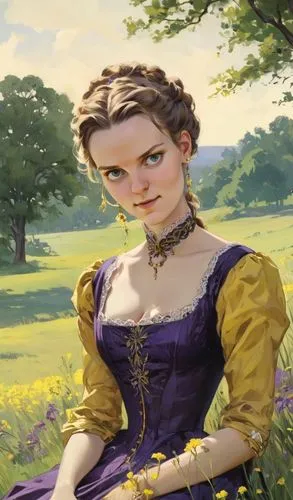 Impressionistic depiction of a woman seated outdoors in a lush, grassy field.  A  woman, wearing a deep purple, ornate Victorian-era dress with lace trim, sits on a grassy knoll beneath the shade of a