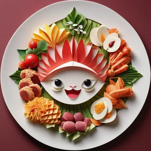 Design an eye-catching picture showcasing delectable food.,sushi art,food collage,sushi plate,food styling,salad plate,kawaii food,fruit plate,culinary art,food presentation,kawaii vegetables,food ico