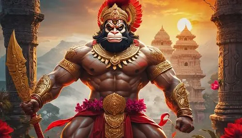 Hindu mythological character, Hanuman, strong muscular body, golden fur, white eyes, sharp teeth, red mouth, warrior costume, armor, sword, shield, angry expression, intense gaze, dramatic lighting, m