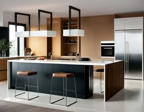 a kitchen area with two stools, counter, oven and refrigerator,modern kitchen interior,kitchen design,modern kitchen,modern minimalist kitchen,kitchen interior,kitchens,kitchen cabinet,dark cabinets,t