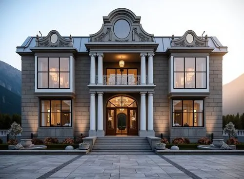 Photorealistic architectural visualization of a luxury 2-story square-shaped residental building. First floor height 5m with tall arched windows, second floor height 5m. Classical architectural style 