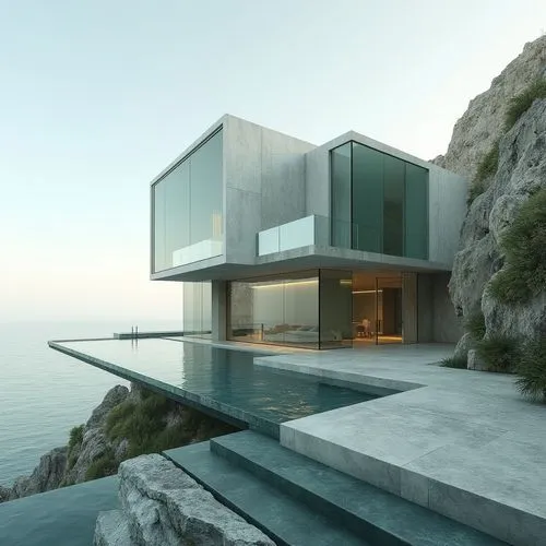 ,a glass walled house on top of a cliff,dunes house,modern architecture,cubic house,house by the water,modern house,luxury property,malaparte,dreamhouse,cantilevered,cliffside