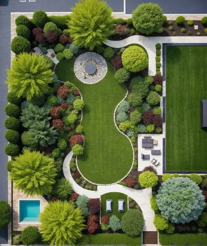 a bird - eye view of a lush green garden,landscape designers sydney,landscape design sydney,landscaped,garden design sydney,green lawn,landscapers